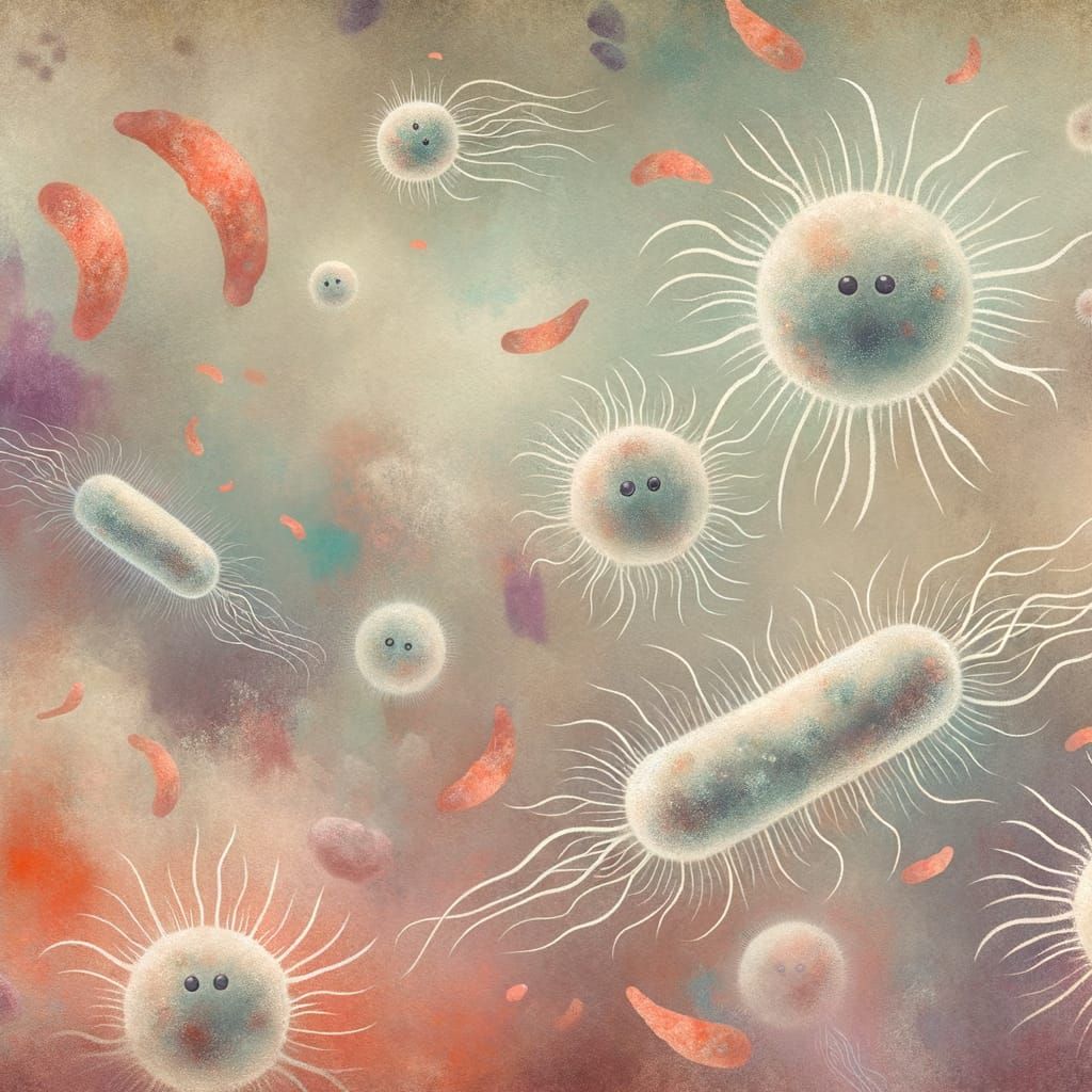 Whimsical Microbes in Eerie Bloodscape Painting