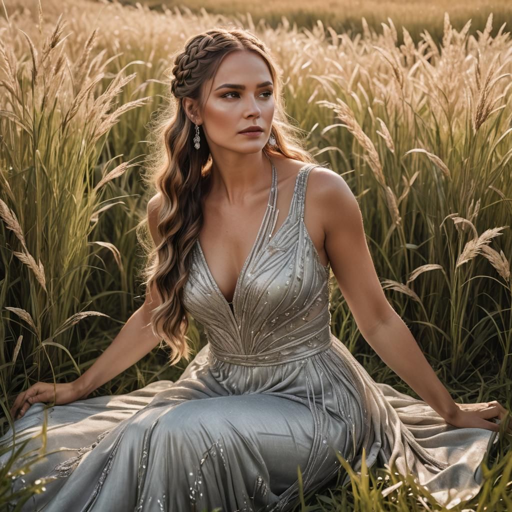 Woman in Silver Gown in Sunlit Field