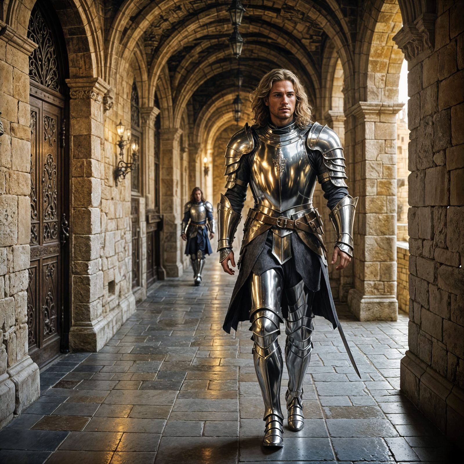 Knight in Shimmering Armor Walks Castle Corridor