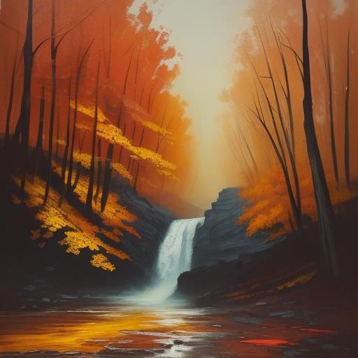 Autumn Waterfall: Expressionist Impasto Oil Painting