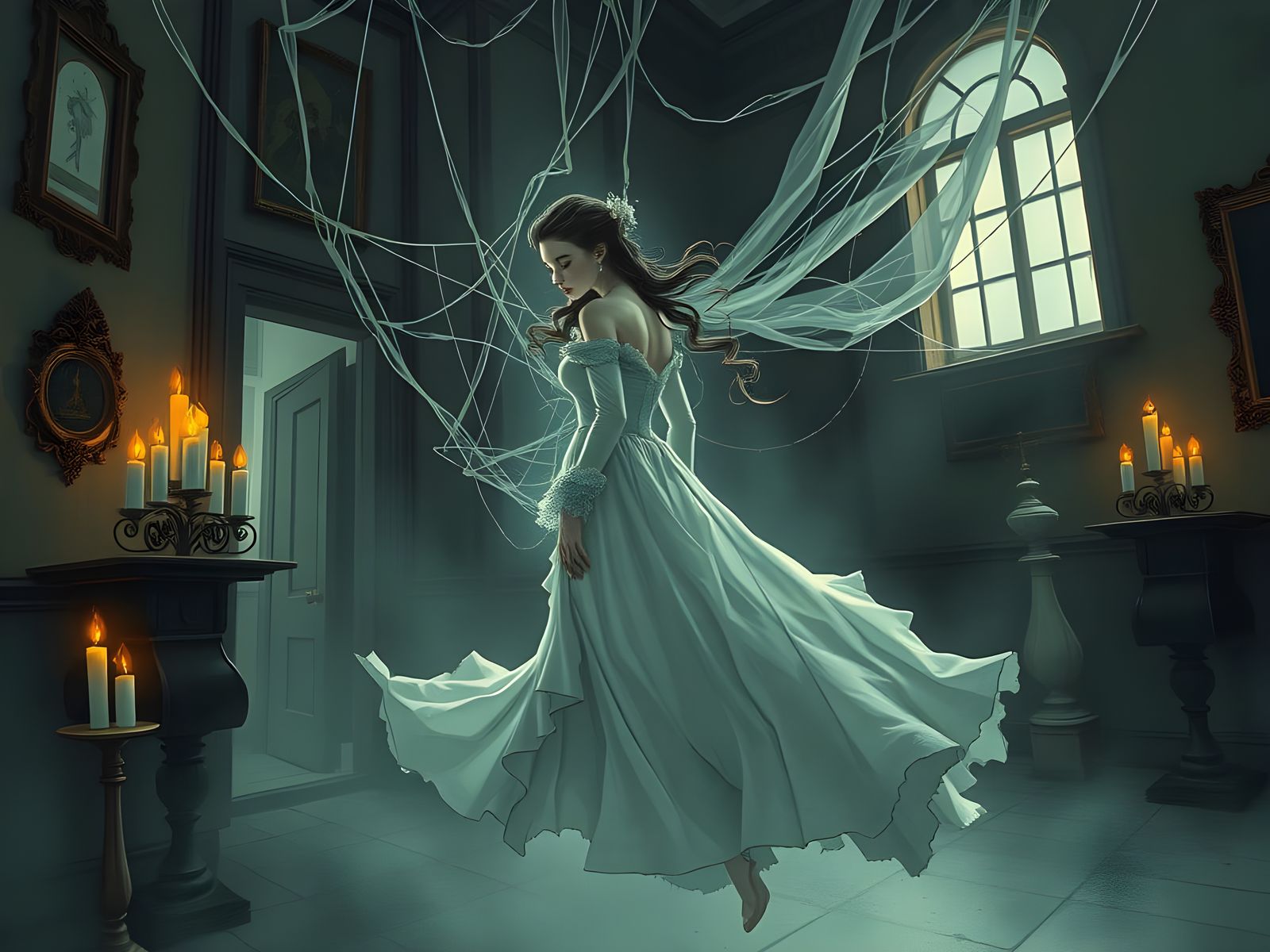 Ghostly Spirit in Haunted Mansion, Ethereal Victorian Gown