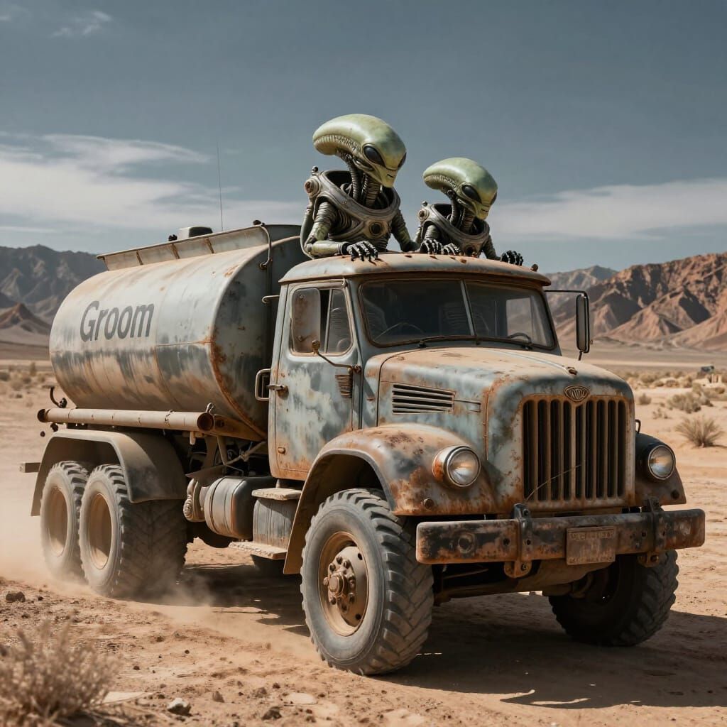 Aliens Drive Water Truck at Groom Mine in Hyperrealistic Sty...