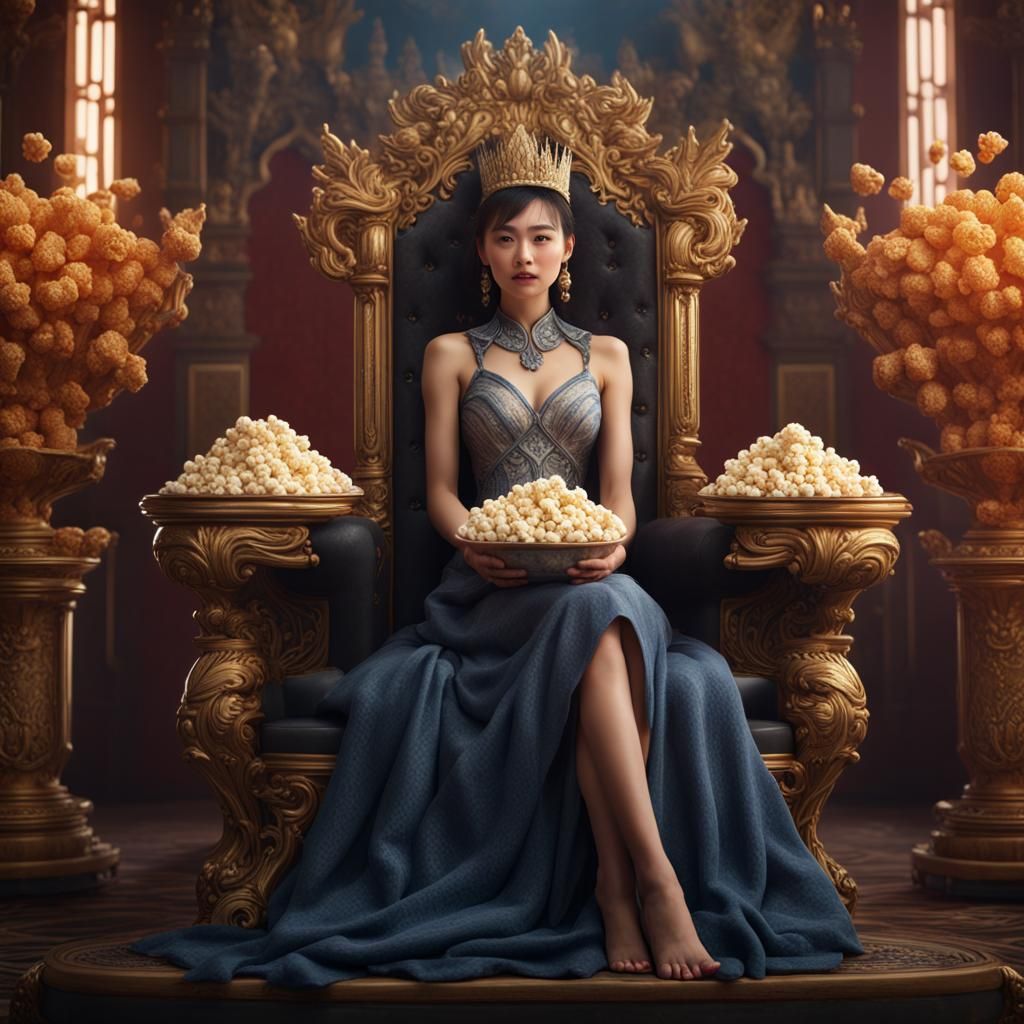 Asian Woman in Popcorn Dress on Food Throne