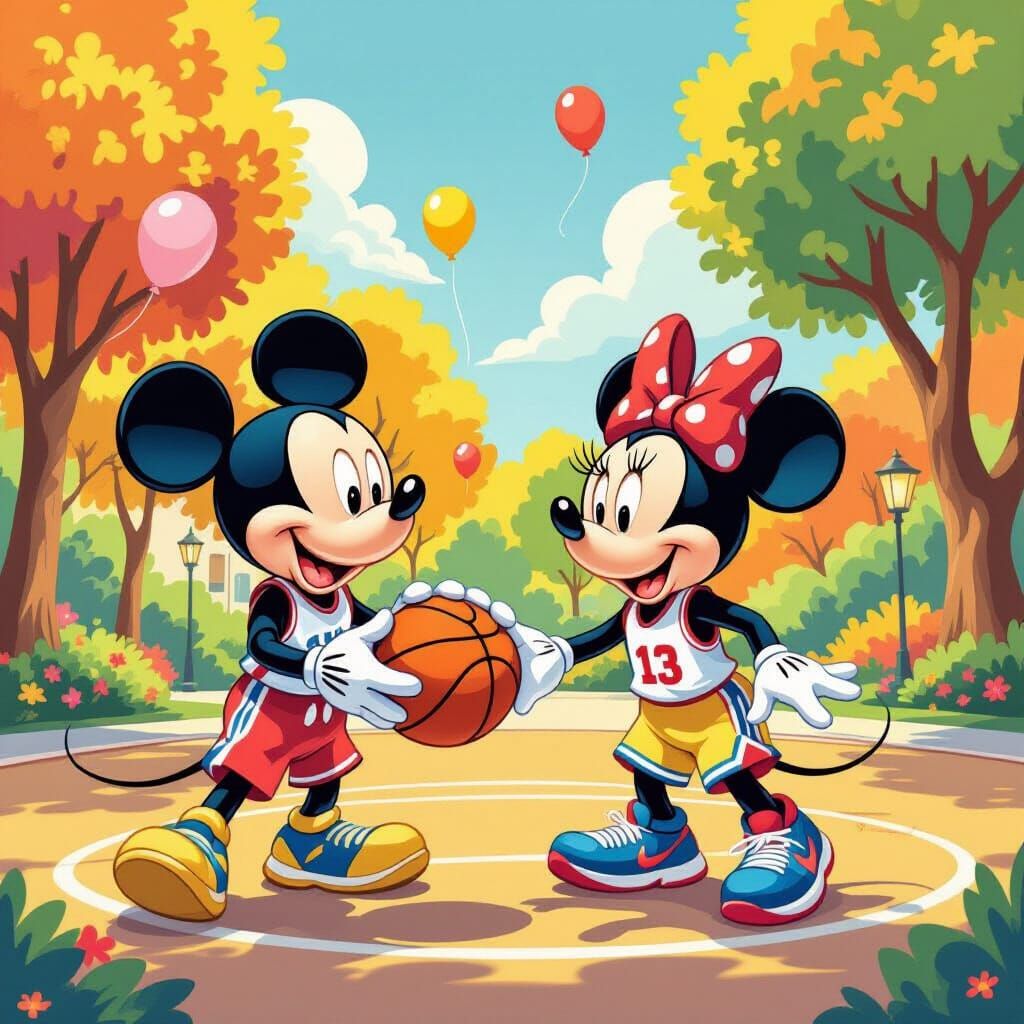 Mickey and Minnie Play Basketball in Sunny Cartoon Court