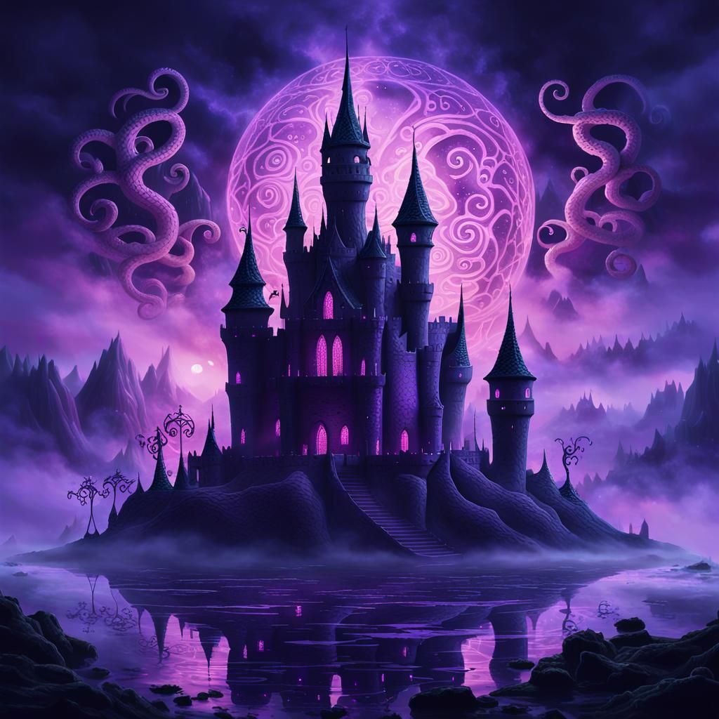 Floating Castle with Shadowy Creatures in Ethereal Landscape