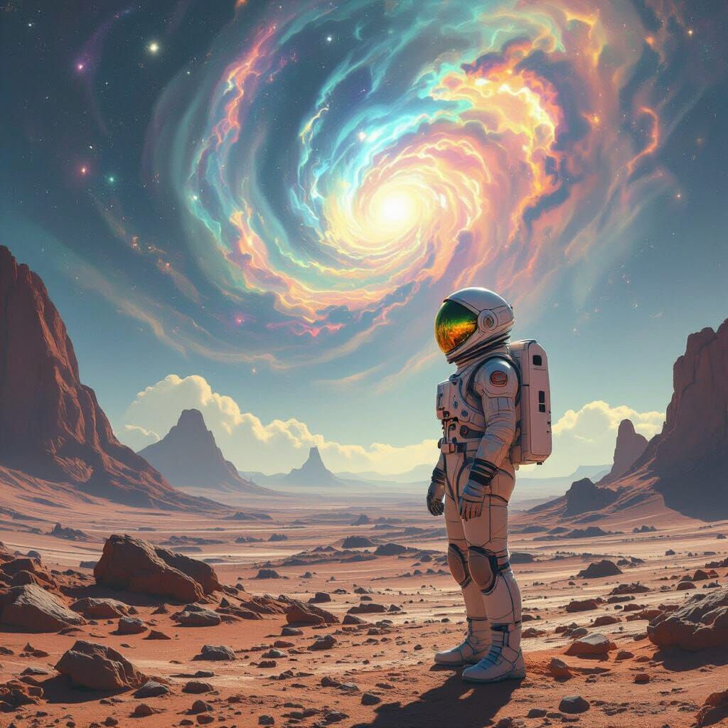 Astronaut on Alien Planet Gazing at Nebula