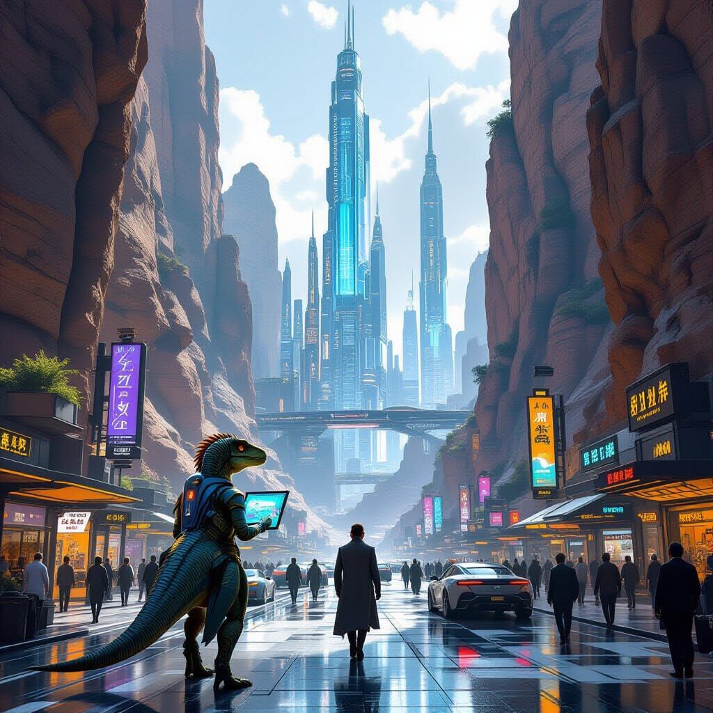 Dinosaur City in Alternate Reality, Hyperrealistic Style