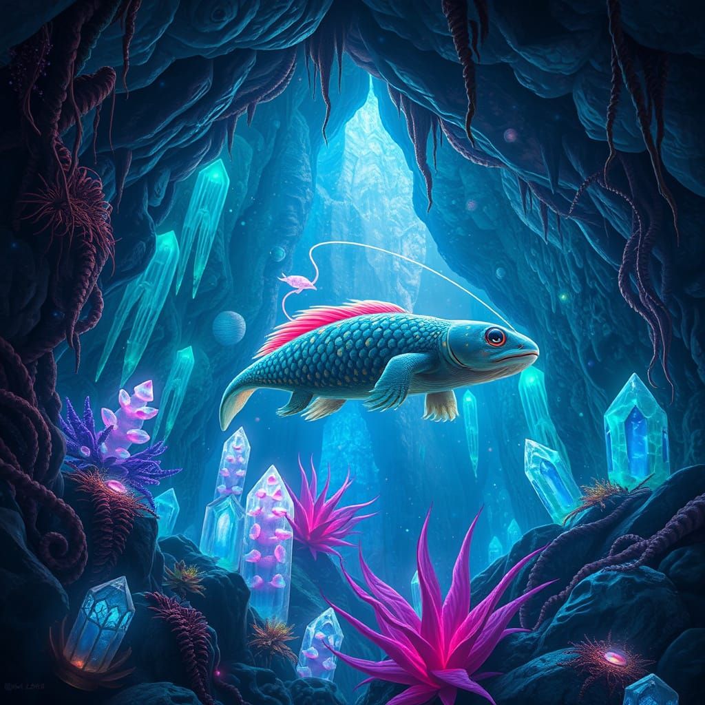 Surreal Axolotl Explorers Whimsical Crystal Cave