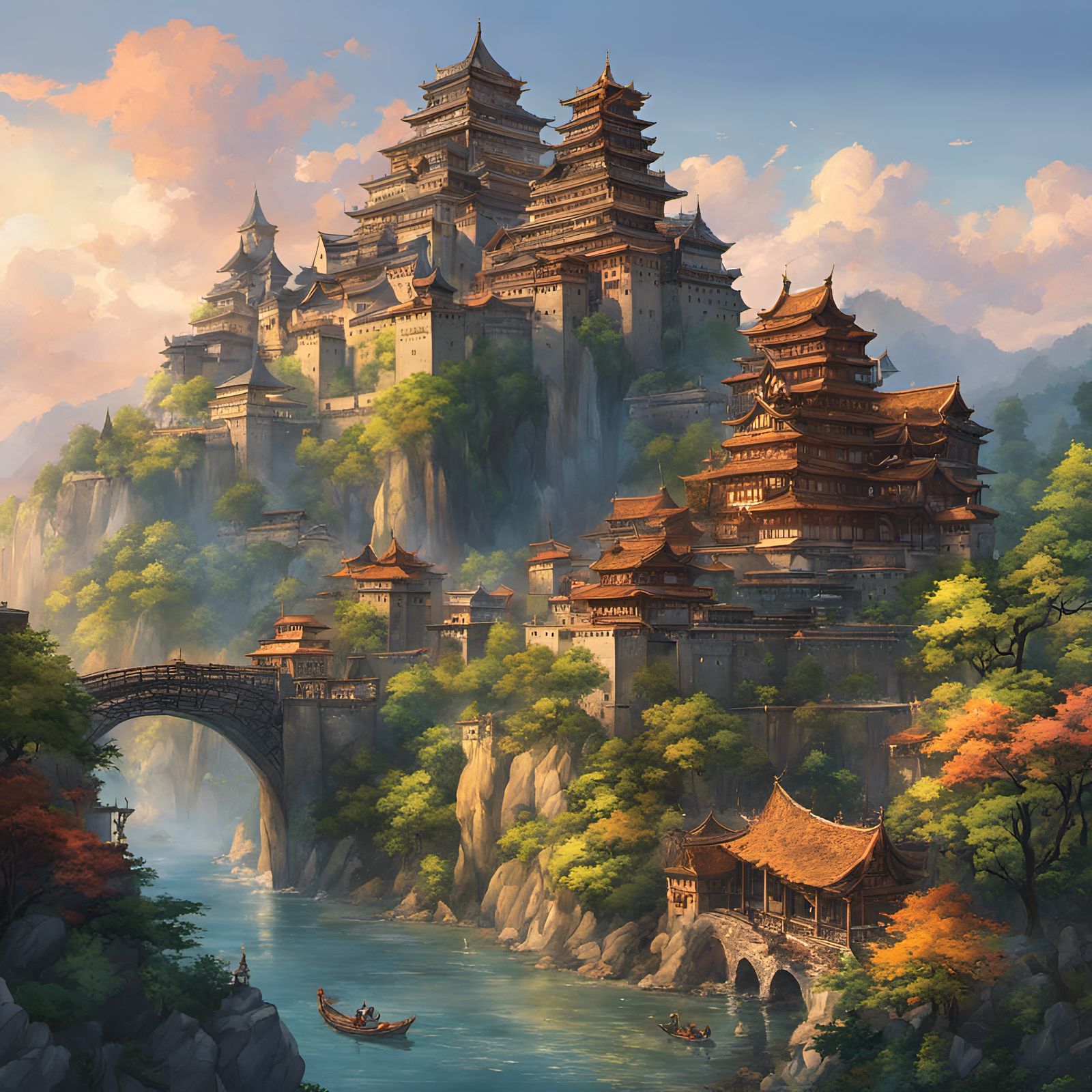 Grand Castle in Medieval City: Ghibli Watercolor