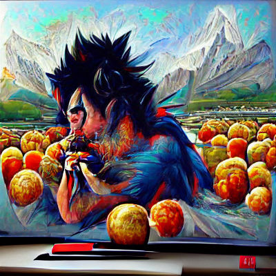 Goku Eating an Apple: 8K Detailed Painting