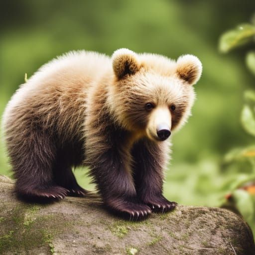Adorable Bear Cub with Apple in Forest