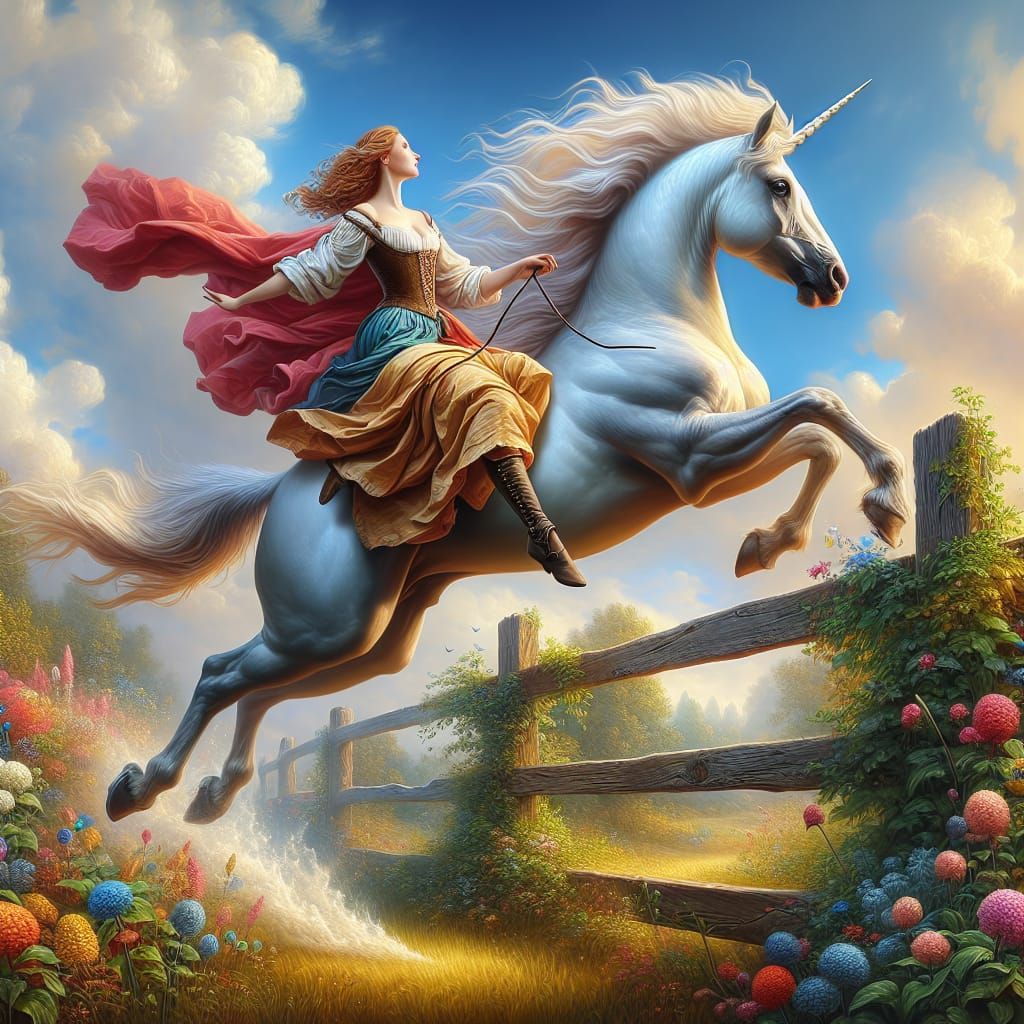 Portrait of a beautiful maiden riding an enchanted unicorn, ...
