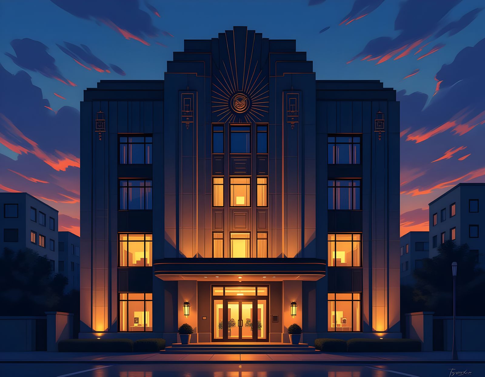 Art Deco Office Building at Dusk, Geometric Metallic Accents