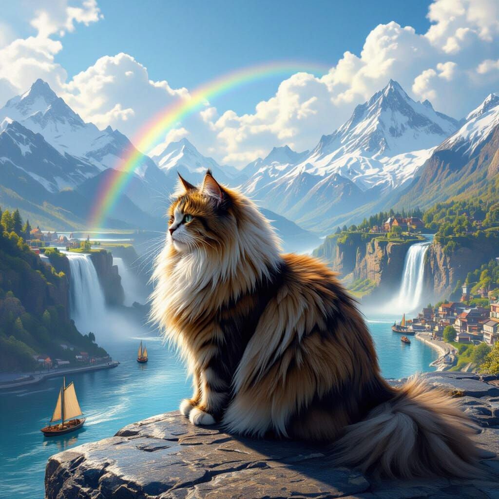 Majestic Fat Cat on Obsidian Ledge, Vivid Colors