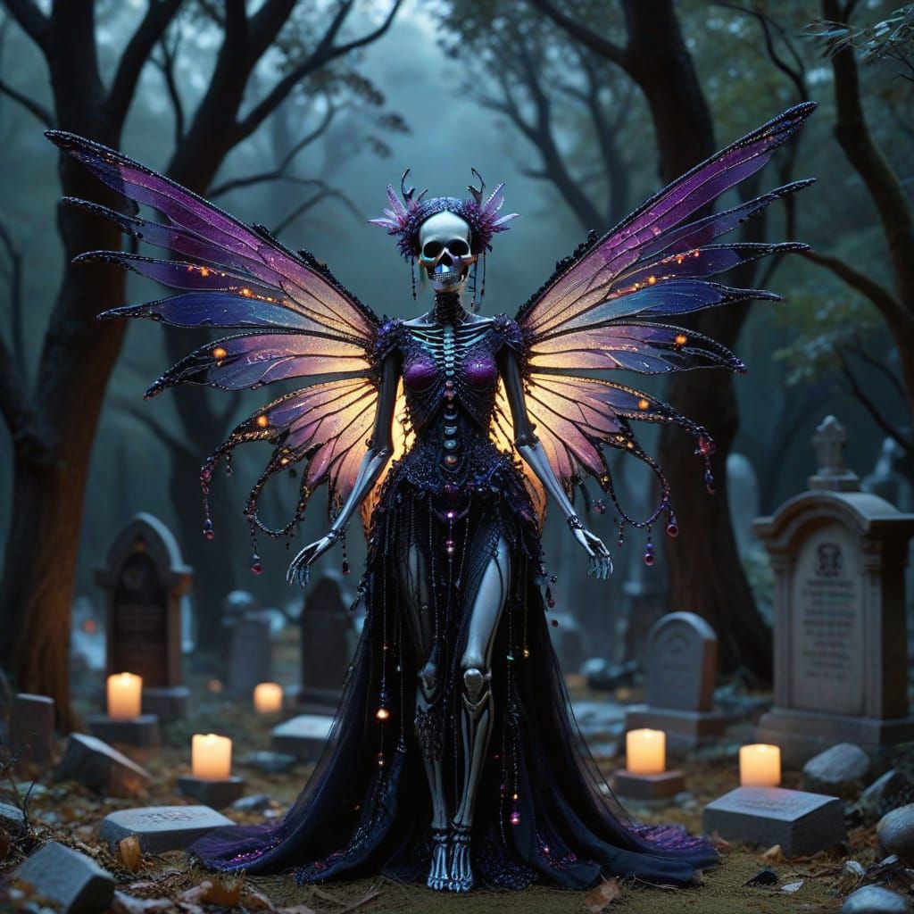 Skeleton Fairy Dancing in Moonlit Graveyard