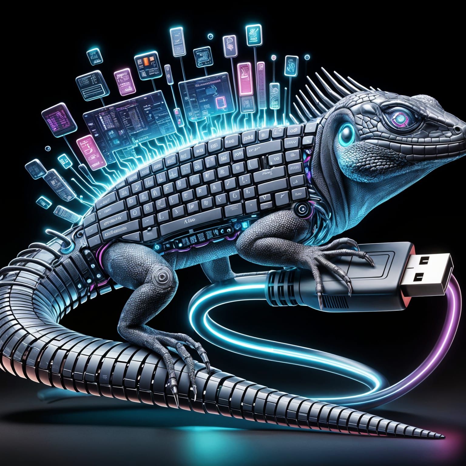 Futuristic Tech Lizard with Keyboard and Screen