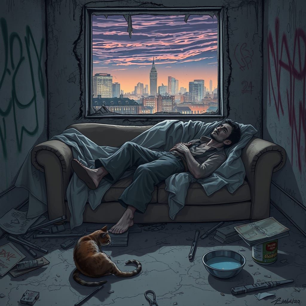 Urban Decay: Man and Cat in Dilapidated Room