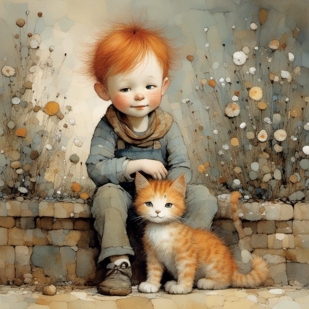 Redhead Toddler and Ginger Cat: Whimsical Illustration