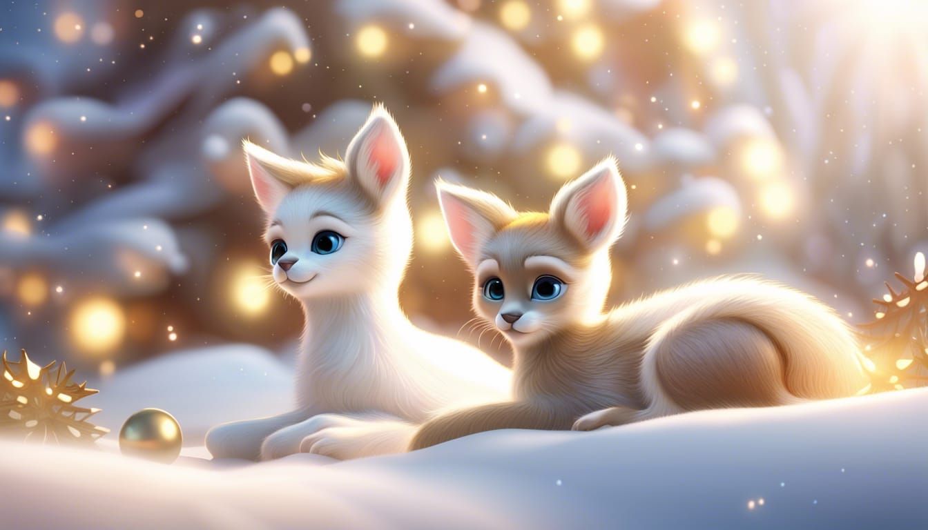 white gold bambi celestial kittens laying on the snow christ...