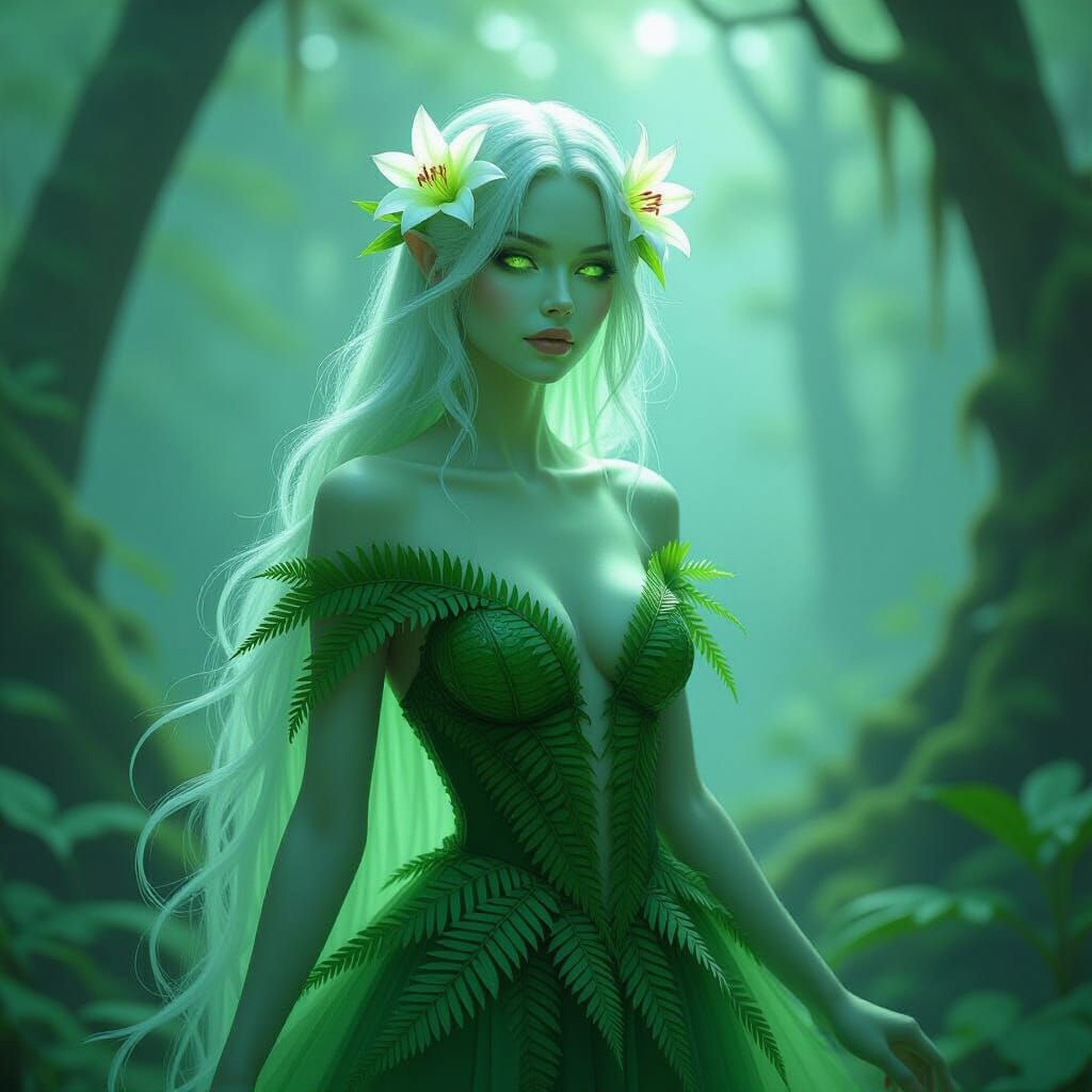 Luminous Gelatinous Woman in Misty Forest, Fantasy Art