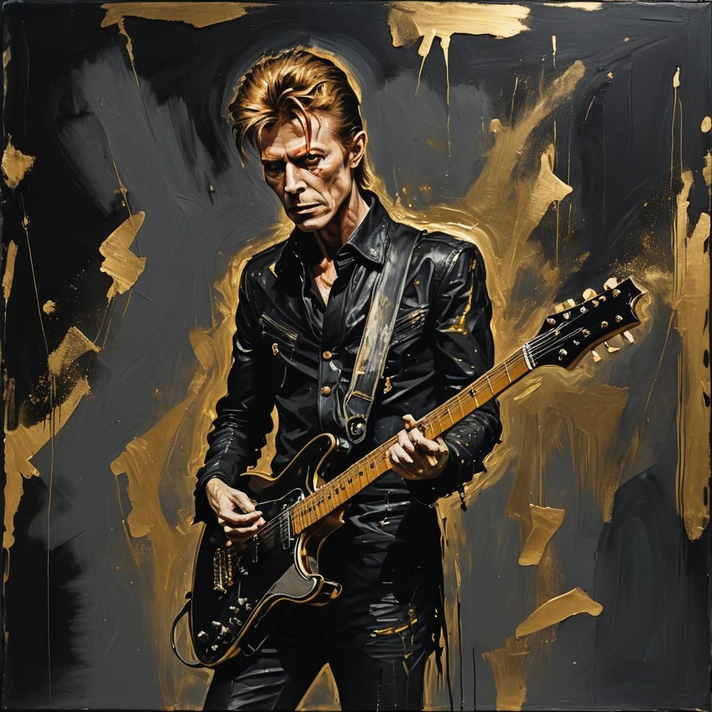 Black and Gold Guitarist Painting in Grunge Style