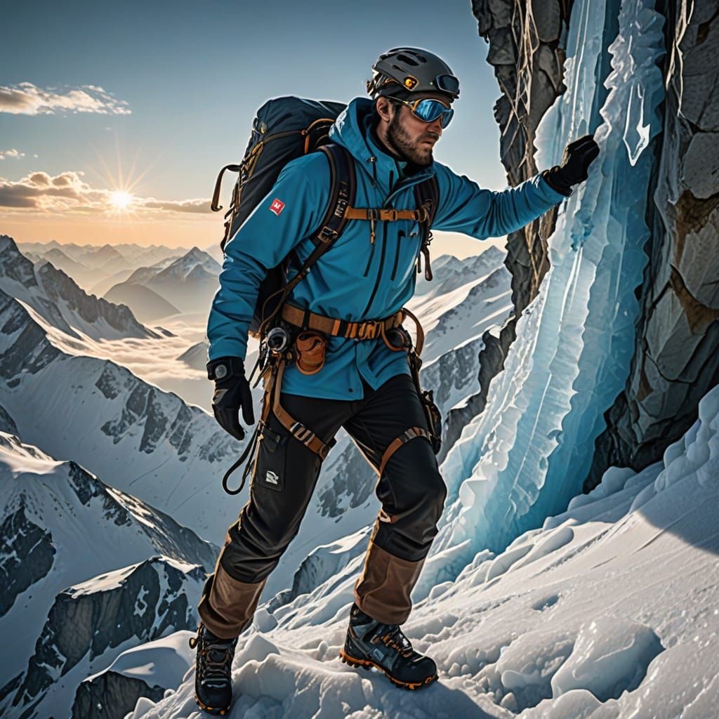 Steampunk Climber on Swiss Alps Ice Face