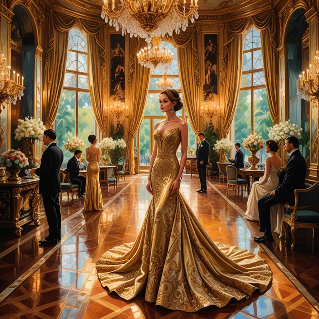 Elegant Woman in Opulent Ballroom