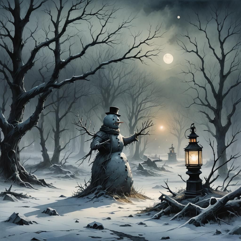 Creepy Snowman in Dark Fantasy Winter Landscape