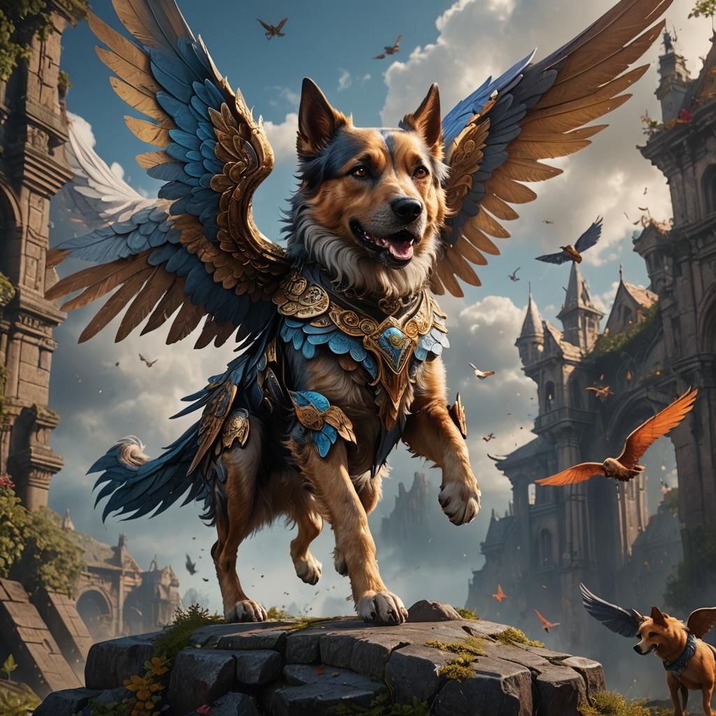 Fantastical Winged Dog in Detailed Matte Painting