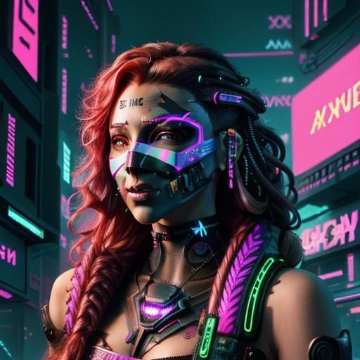 Cyberpunk Neon Feline Portrait with Scarlet Hair