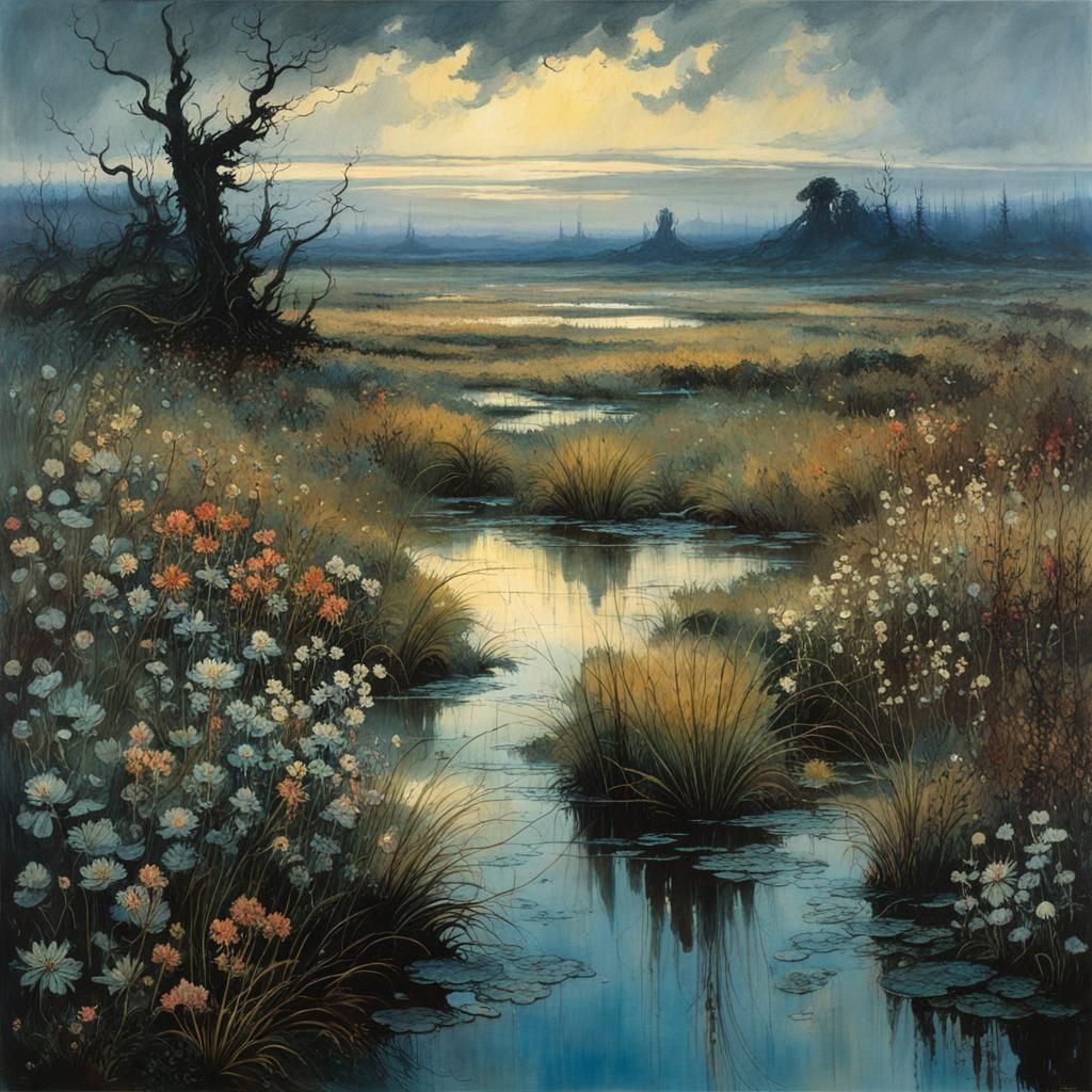 Bog with Wildflowers in Misty Evening Light