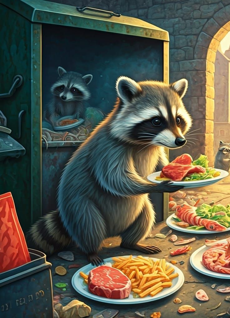 Raccoon Dad at Dumpster: Storybook Watercolor Illustration