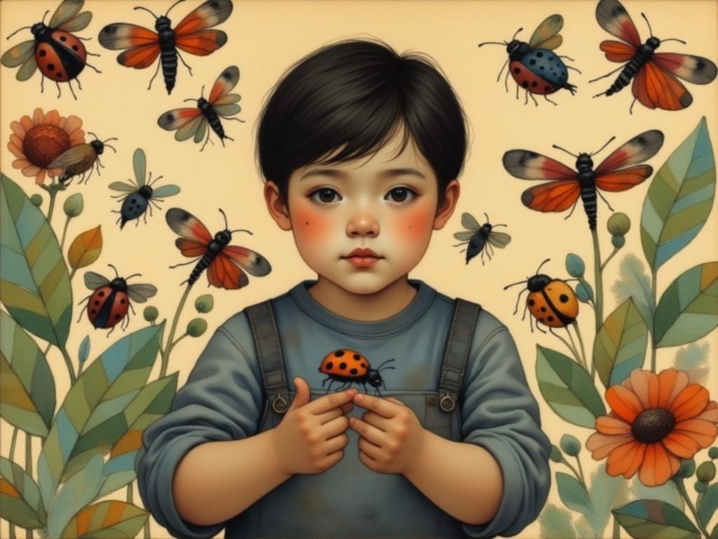 Whimsical Portrait of a Boy Watching a Ladybug Take Flight
