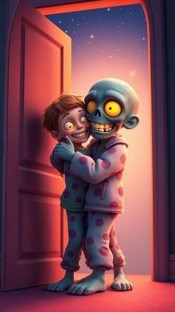 Boy Hugs Zombie Friend in 3D Digital Art