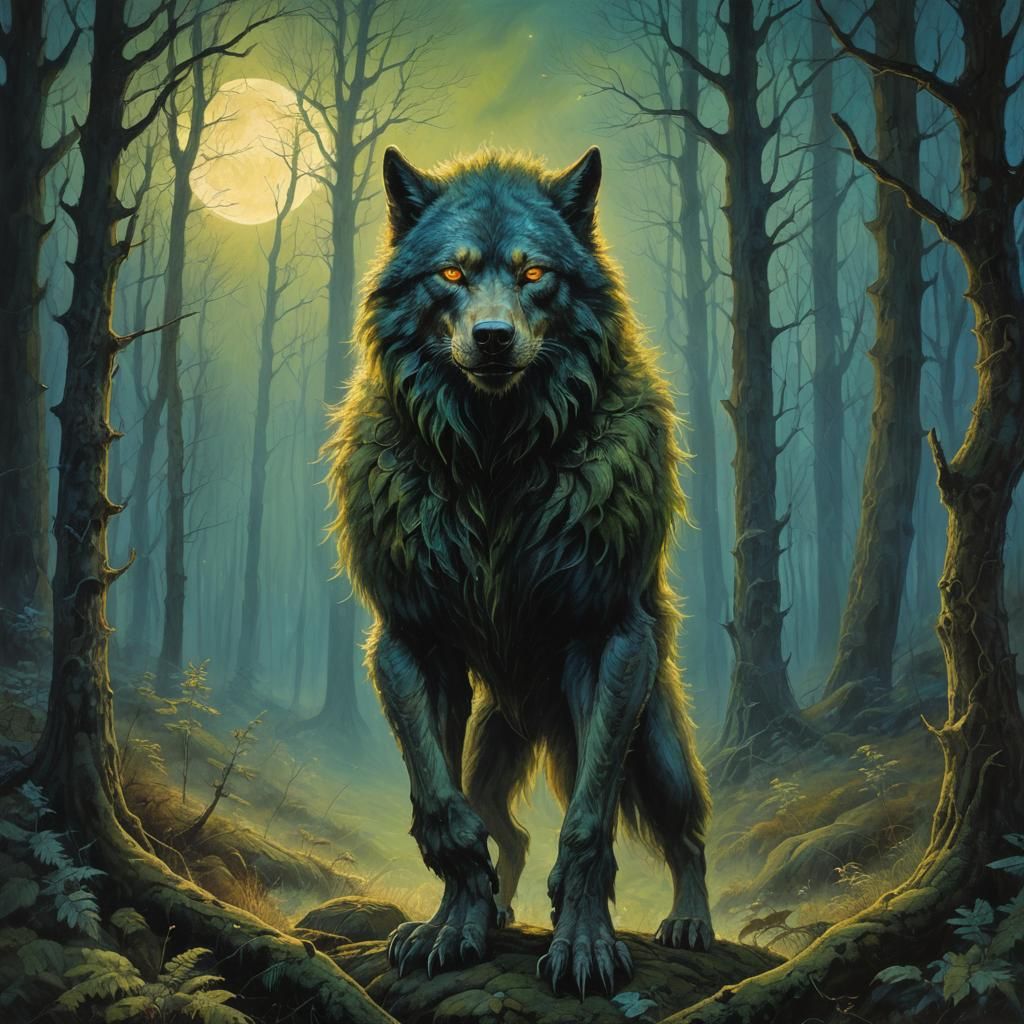 Arcane Werewolf in Moonlit Forest: Oil Painting