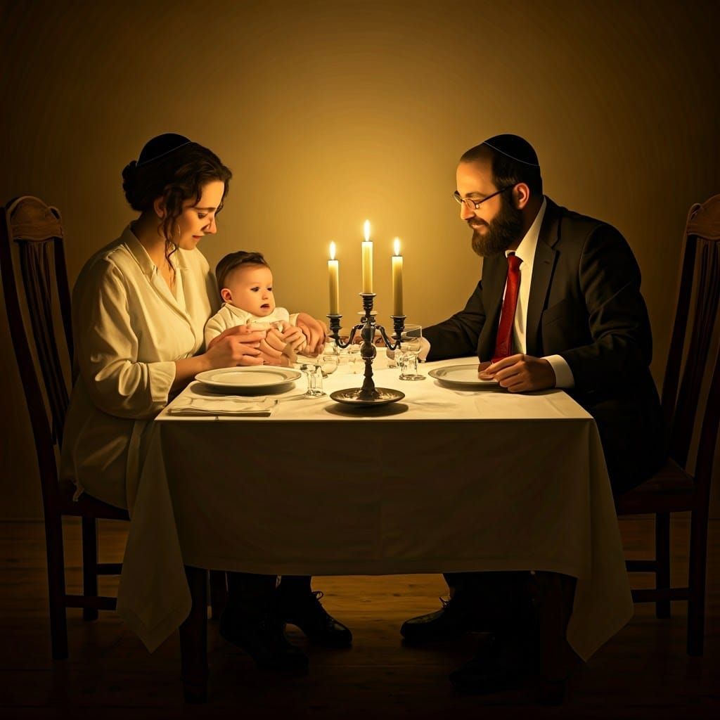Traditional Orthodox Jewish Family Seated at Shabbat Table i...