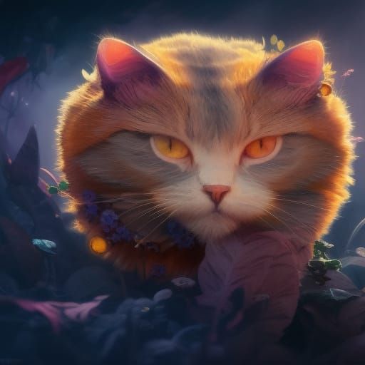 Purple Cat Sleeping on Flower, Digital Matte Painting