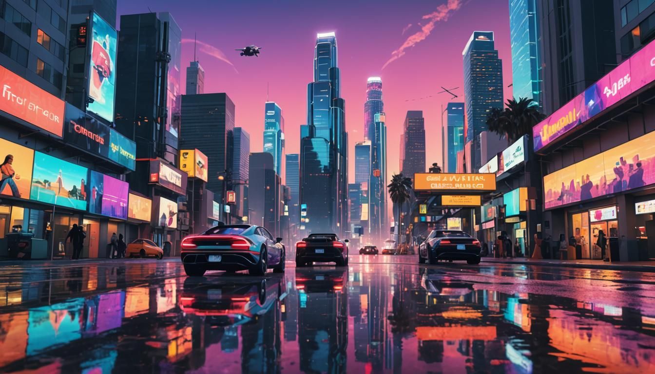 Futuristic Los Angeles Cityscape in 2345: Neon Digital Art