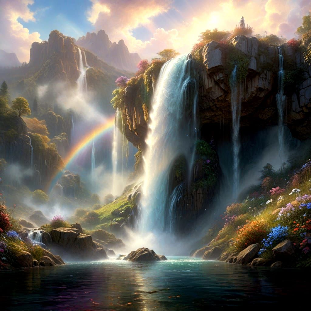 Whispering Waterfalls in Vibrant Wildflower Paradise