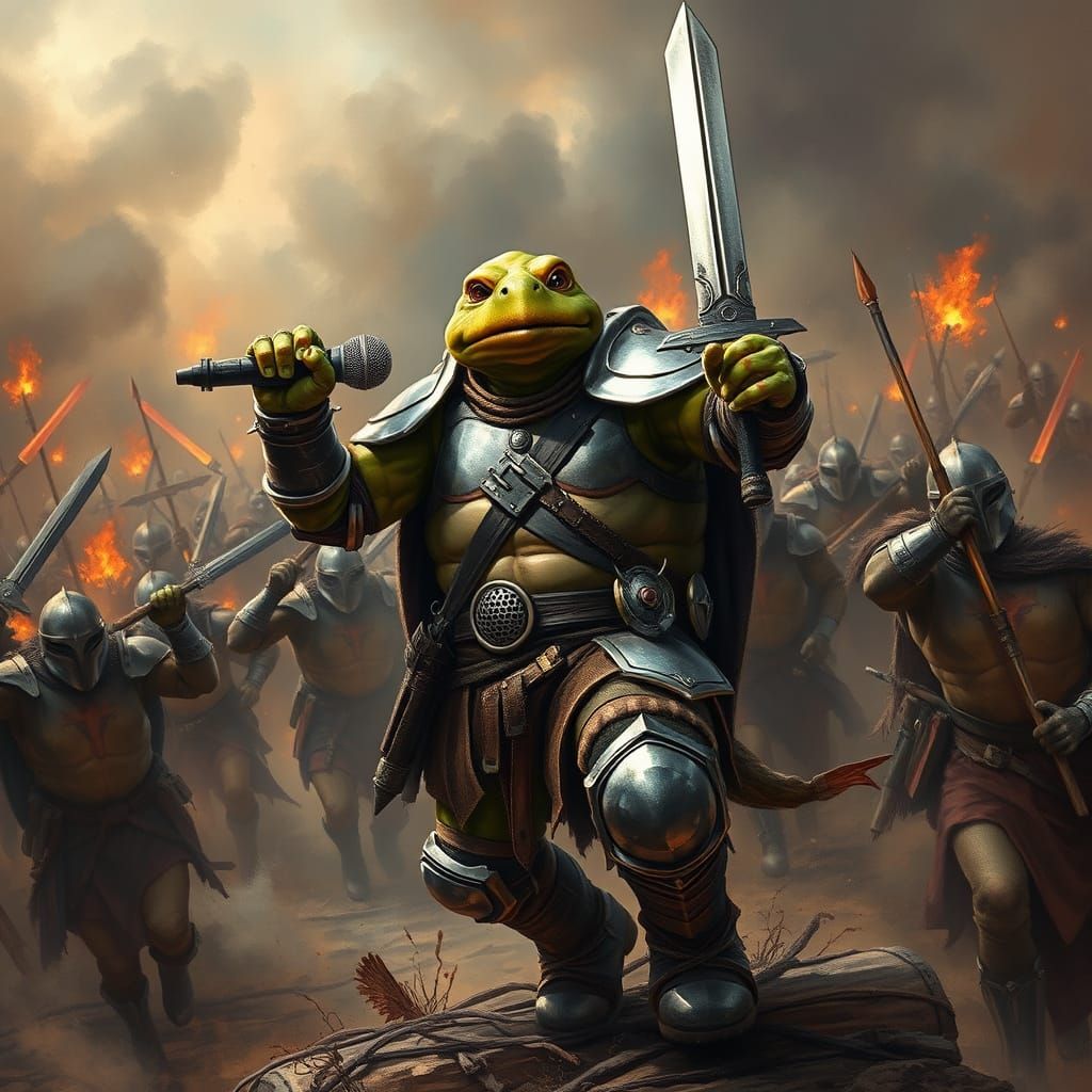 Armored Singing Turtle Leads Battlefield Charge