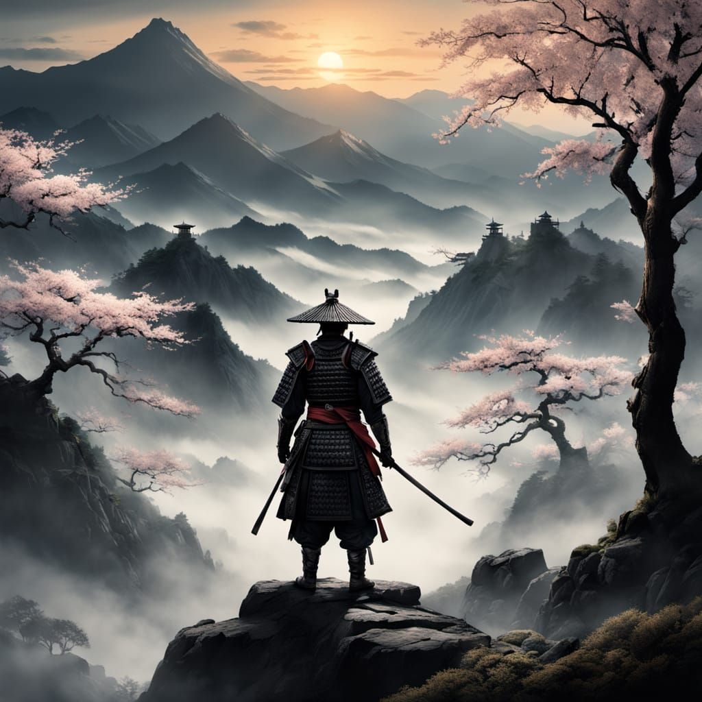Samurai on Misty Peak at Dawn in Photorealism