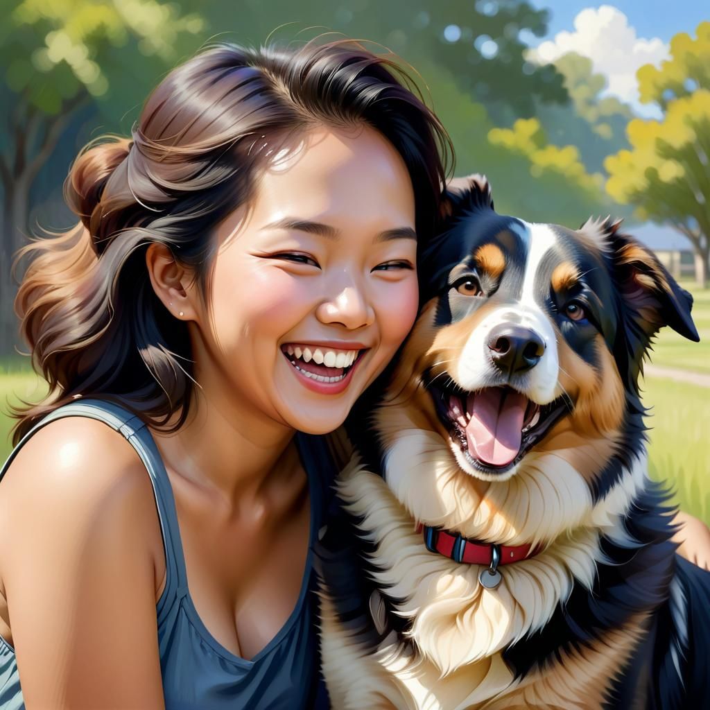 Laughing Woman with Australian Shepherd Portrait