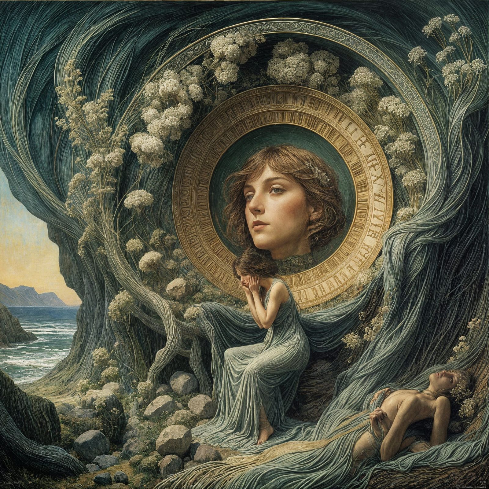 Surreal Woman in Contemplative Pose, Dreamy Symbolist Art