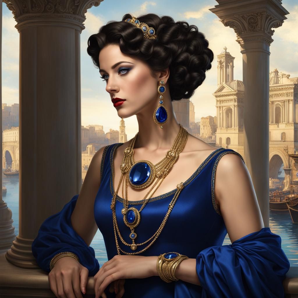 Woman in Sapphire Gown in Renaissance Port