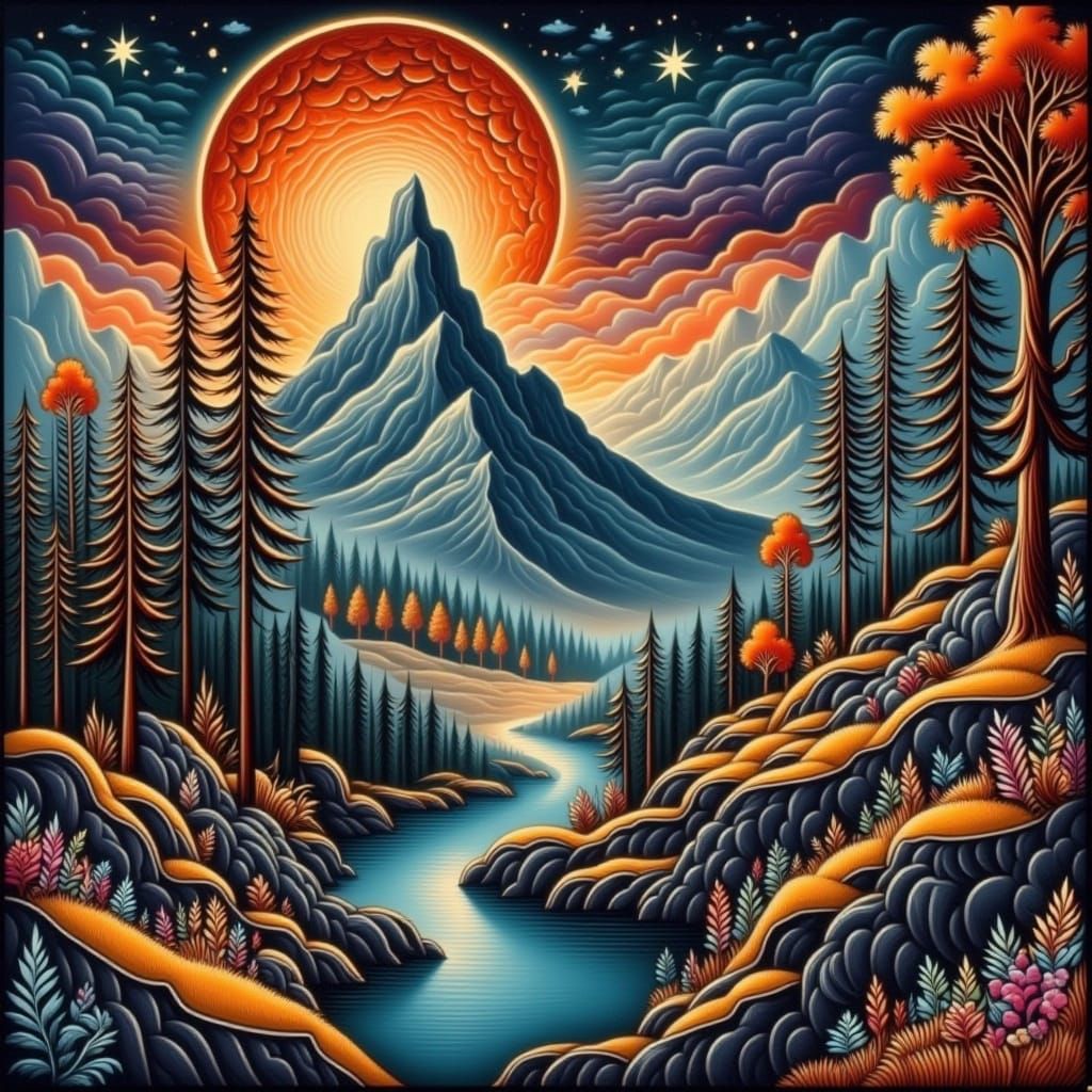 Ethereal Twilight Forest Under Glowing Fractal Bloodmoon