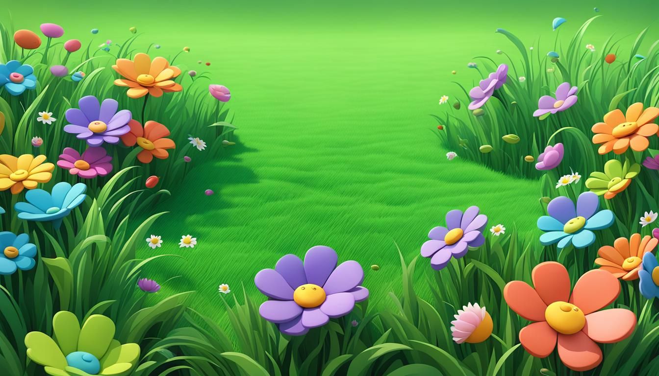 Vibrant Green Meadow in 3D Cartoon Pixar Style