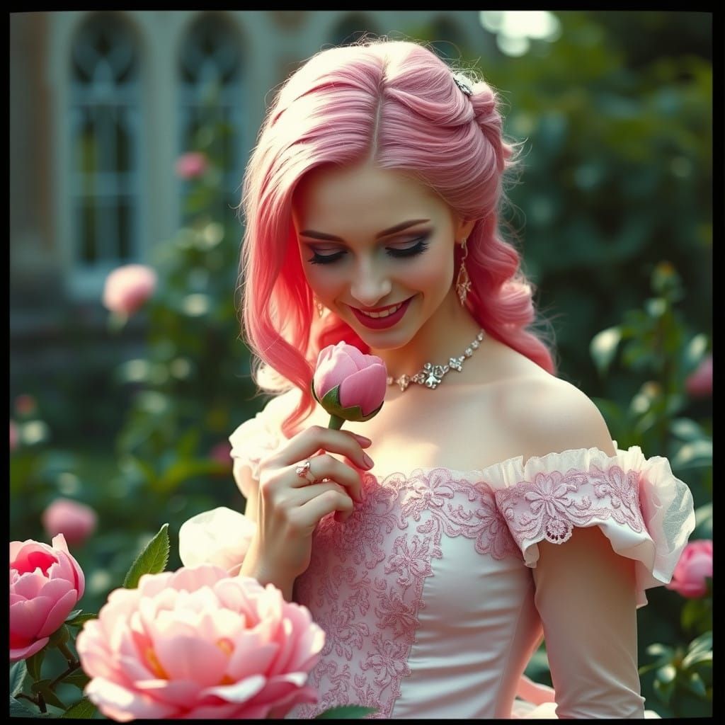 Gothic Queen Smiles in Whimsical Garden Scene