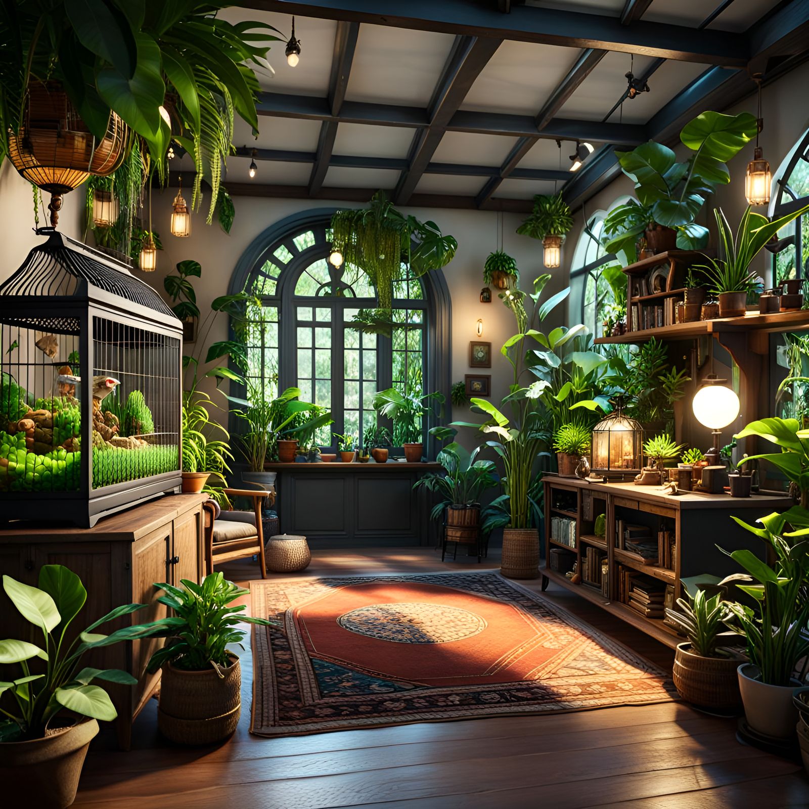Bohemian Living Space with Aquariums in 3D Render