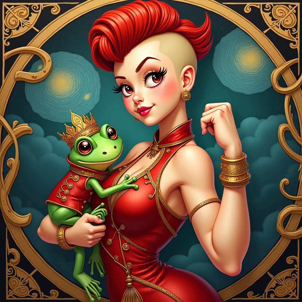 Redhead with Frog in Art Deco Anime Style