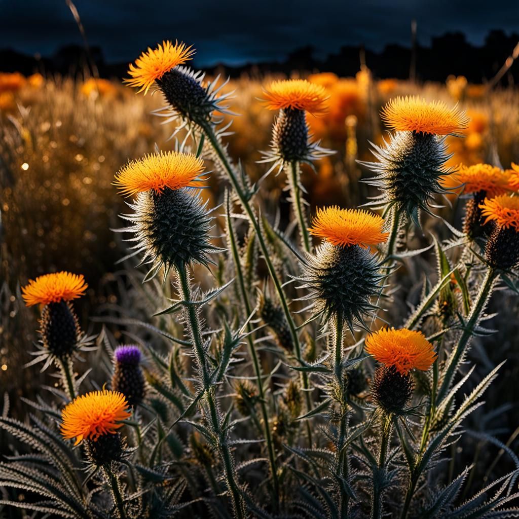 Dark Botanical Meadow with Autumn Flowers and Frost